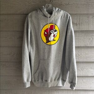 Gray Hoodie with Yellow & Red Buc-ee's Graphic